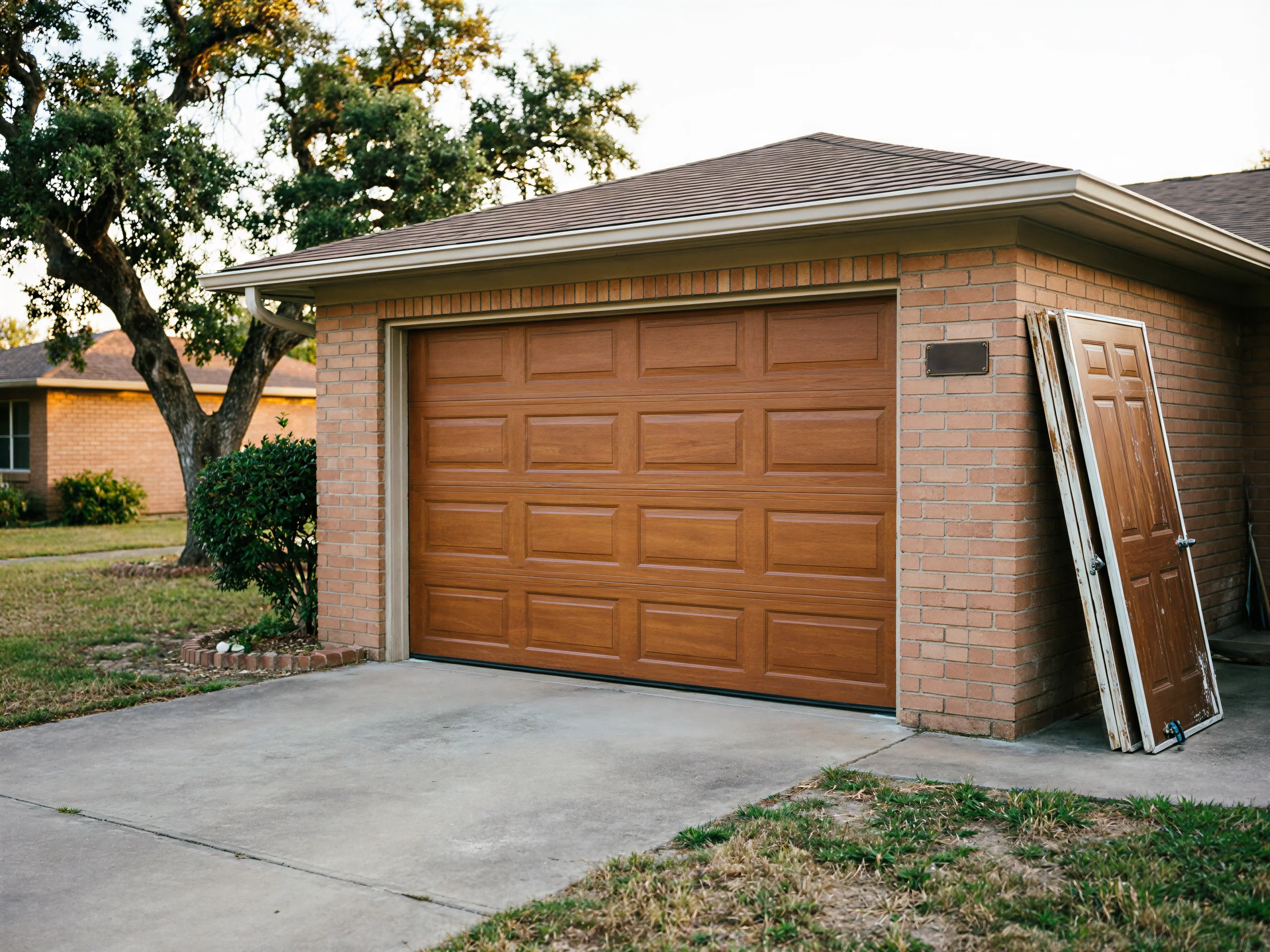 A brown garage door is on a brick house with two old doors leaning against it.