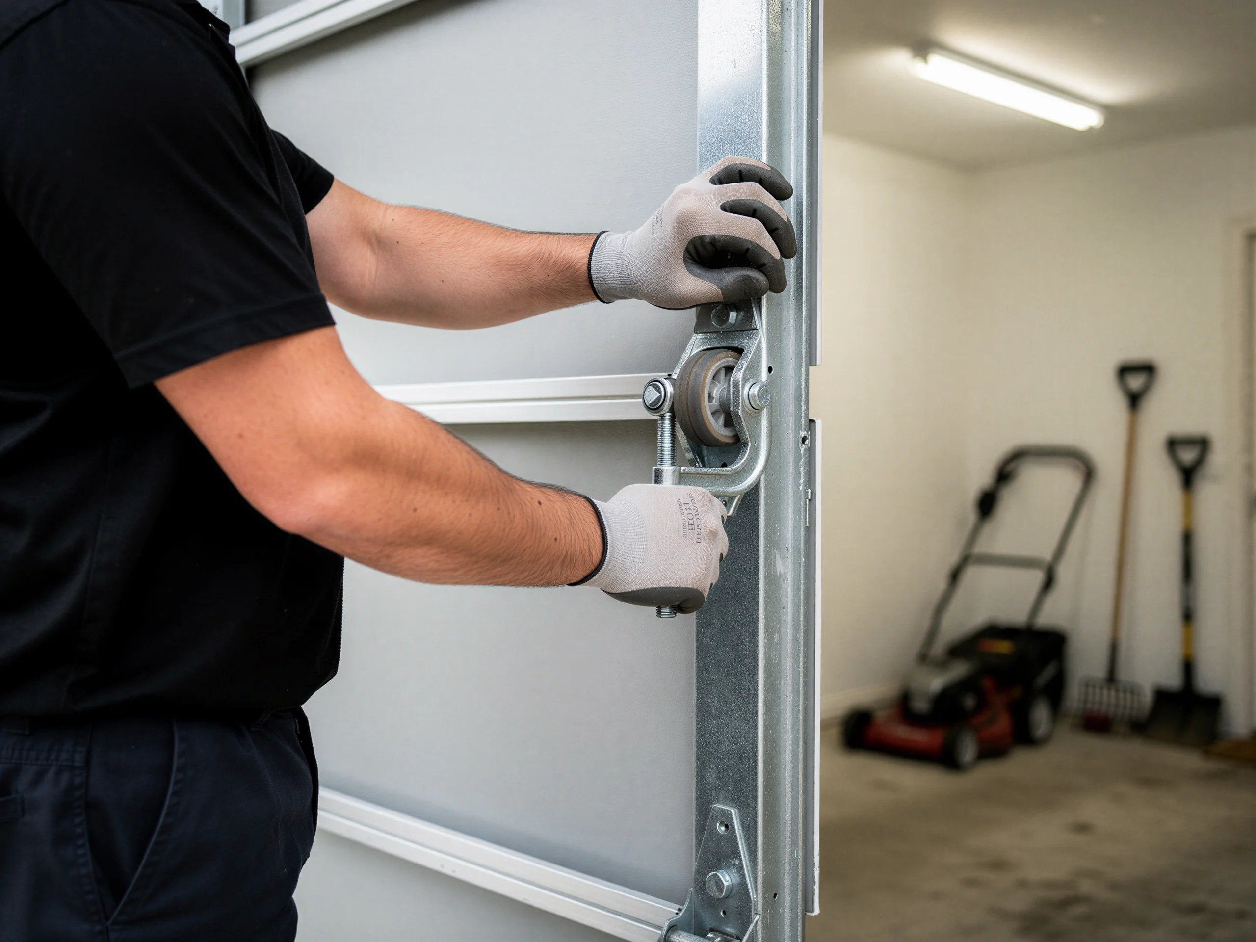 A technician wearing gloves adjusts a garage door roller on a track.