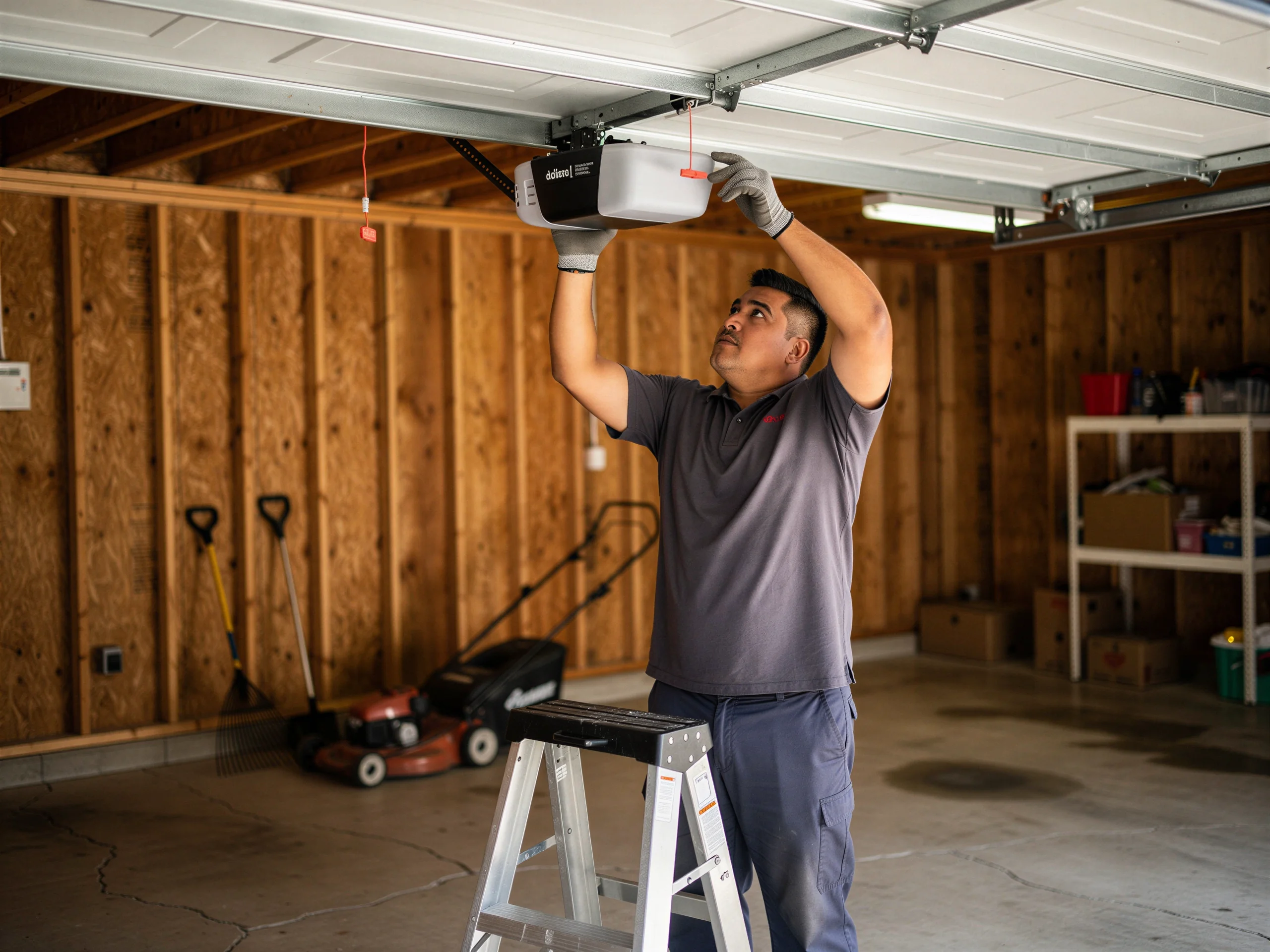A technician on a ladder adjusts a garage door opener in a garage.