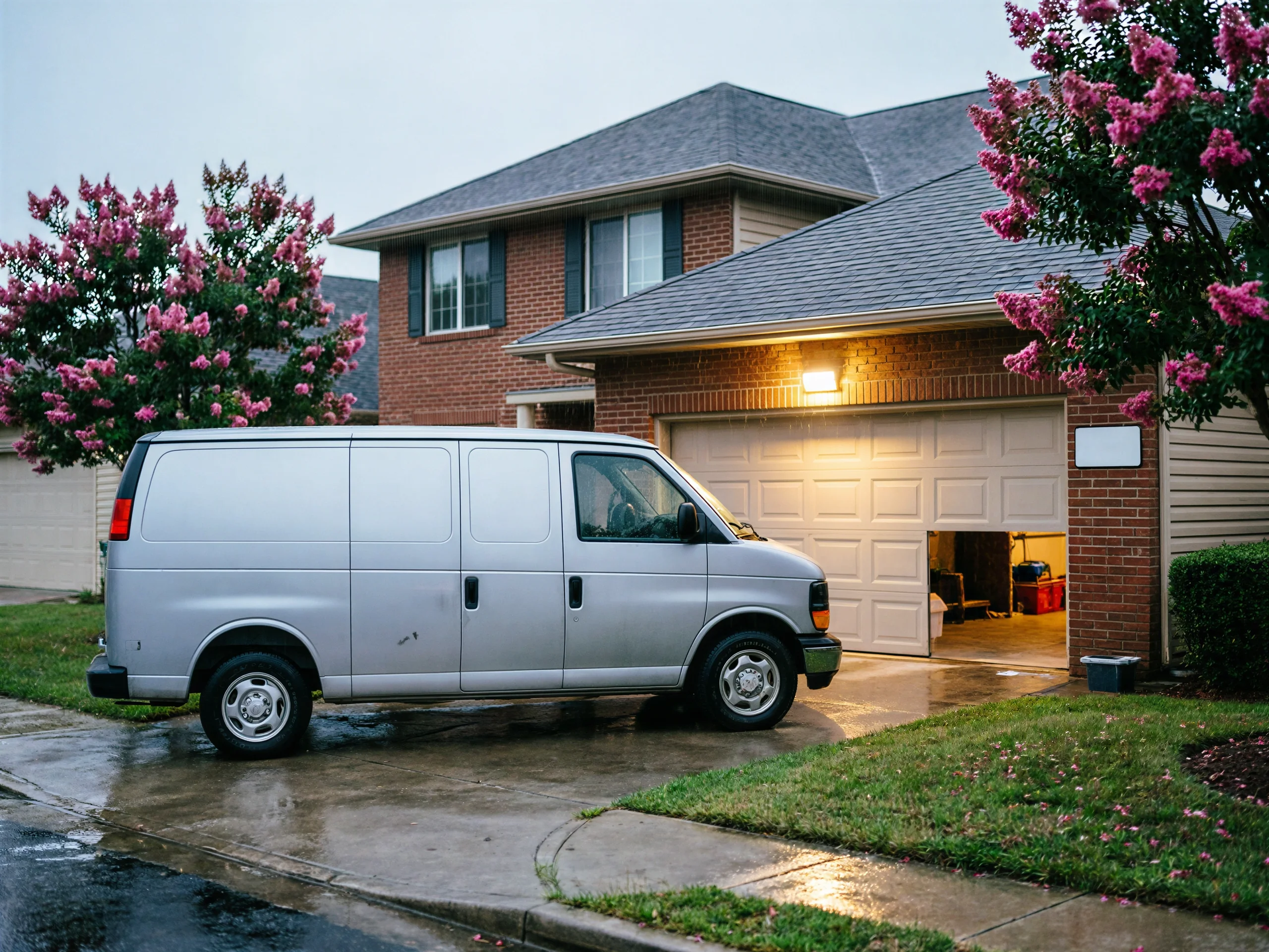 A silver van is parked in a driveway with a partially open garage door.